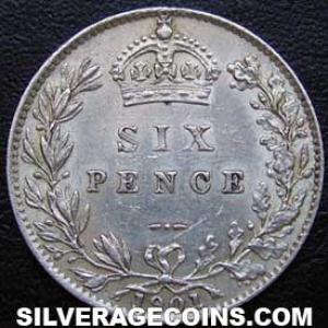 1901 Victoria British Silver "Widow Head" Sixpence (Reverse)