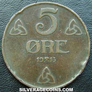 1913 Haakon VII Norwegian Bronze 5 Øre (Reverse)