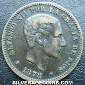 1878 OM Alfonso XII Spanish Bronze 5 Cents (Obverse)