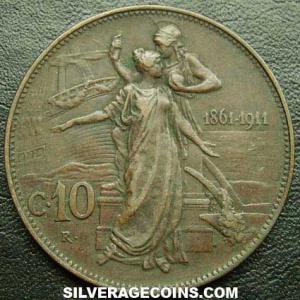 1911 R Vittorio Emanuele III Italian Bronze 10 Centesimi (Anniversary of Kingdom) (Reverse)