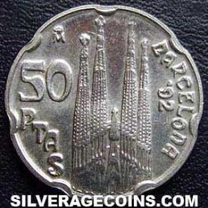 1992 Juan Carlos I Spanish 50 Pesetas ('92 Olympics: Sagrada Familia) (Reverse)