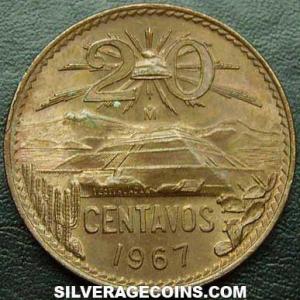 1967 Mexican Bronze 20 Centavos (type 2) (Reverse)