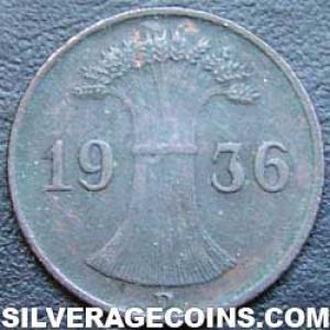 1936 D German Weimar Republic Bronze Reichspfennig (Obverse)
