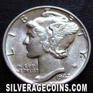 1942 United States "Mercury Dime" Silver 10 Cents (Obverse)