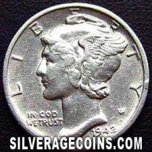 1942 D United States "Mercury Dime" Silver 10 Cents (Obverse)
