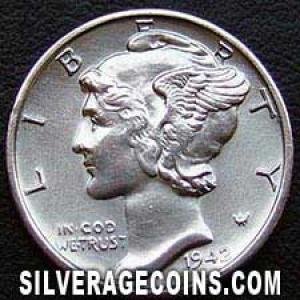 1942 S United States "Mercury Dime" Silver 10 Cents (Obverse)