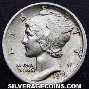 1916 United States "Mercury Dime" Silver 10 Cents (Obverse)