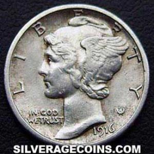 1916 S United States "Mercury Dime" Silver 10 Cents (Obverse)