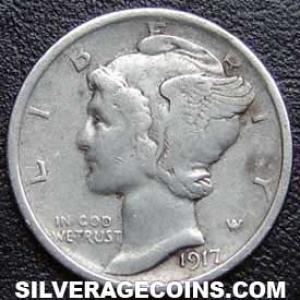 1917 D United States "Mercury Dime" Silver 10 Cents (Obverse)