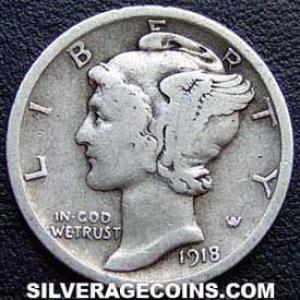 1918 United States "Mercury Dime" Silver 10 Cents (Obverse)