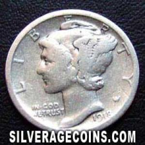 1918 S United States "Mercury Dime" Silver 10 Cents (Obverse)