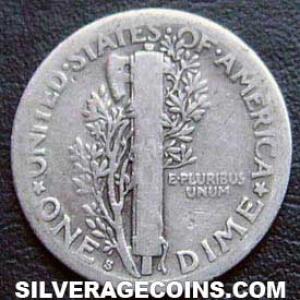 1919 S United States "Mercury Dime" Silver 10 Cents (Reverse)
