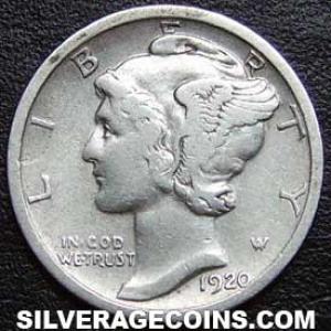1920 D United States "Mercury Dime" Silver 10 Cents (Obverse)