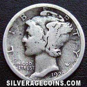 1920 S United States "Mercury Dime" Silver 10 Cents (Obverse)