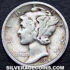 1924 United States "Mercury Dime" Silver 10 Cents (Obverse)