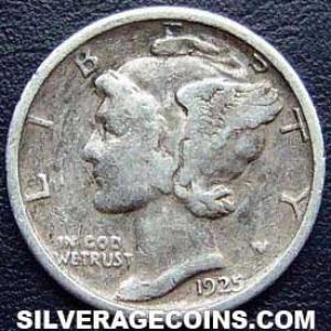 1925 S United States "Mercury Dime" Silver 10 Cents (Obverse)