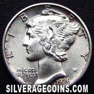 1936 United States "Mercury Dime" Silver 10 Cents (Obverse)