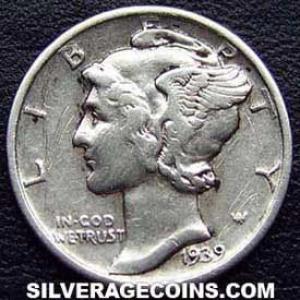1939 D United States "Mercury Dime" Silver 10 Cents (Obverse)
