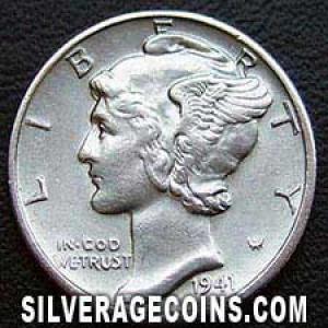 1941 D United States "Mercury Dime" Silver 10 Cents (Obverse)