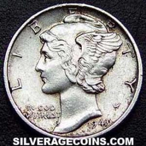 1943 D United States "Mercury Dime" Silver 10 Cents (Obverse)