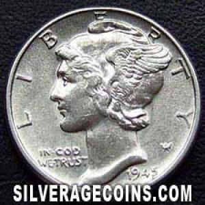 1945 United States "Mercury Dime" Silver 10 Cents (Obverse)