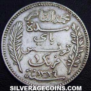 AH1326 (1908) A Muhammad al-Nasir Bey Tunisian Silver Franc (Obverse)