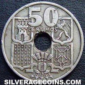 1949 (51) Franco Spanish 50 Cents (arrows downwards) (Reverse)
