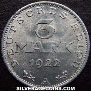 1922 A German Weimar Republic 3 Marks (Anniversary) (Reverse)
