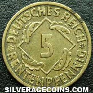 1924 J German Weimar Republic 5 Rentenpfennig (Reverse)