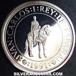 1991 Juan Carlos I Spanish Silver 1000 Pesetas (Bolivar and San Martin) (Obverse)
