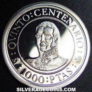 1991 Juan Carlos I Spanish Silver 1000 Pesetas (Bolivar and San Martin) (Reverse)