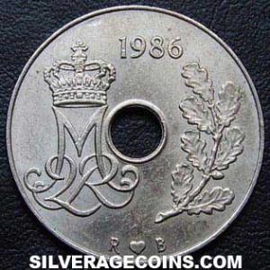 1986 (h) R B Margrethe II Danish 25 Øre (Obverse)
