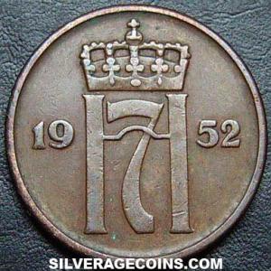 1952 Haakon VII Norwegian Bronze 5 Øre (Obverse)