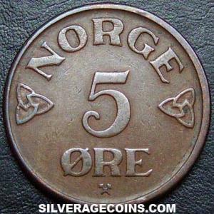 1952 Haakon VII Norwegian Bronze 5 Øre (Reverse)