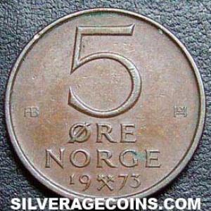 1973 Olav V Norwegian Bronze 5 Øre (Reverse)
