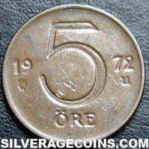 1972 U Gustav VI Swedish Bronze 5 Öre (Reverse)