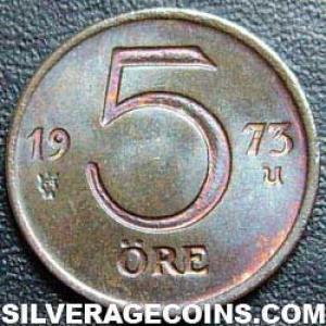 1973 U Gustav VI Swedish Bronze 5 Öre (Reverse)