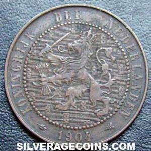 1904 Wilhelmina I Dutch Bronze 2 and a Half Cents (Obverse)