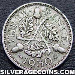 1930 George V British Silver "Oak Reverse" Threepence (Reverse)