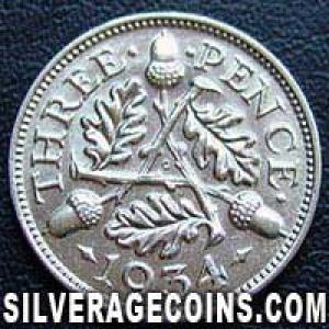 1934 George V British Silver "Oak Reverse" Threepence (Reverse)