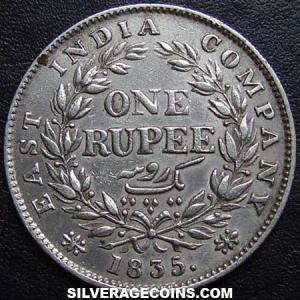 1835 (c) F incuse East India Company British India Silver Rupee (Reverse)