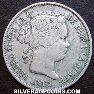 1865 6p Isabella II Spanish Silver 40 Cents (Obverse)