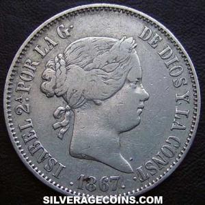 1867 6p Isabella II Spanish Silver Escudo (Obverse)