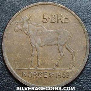1962 Olav V Norwegian Bronze 5 Øre (Reverse)