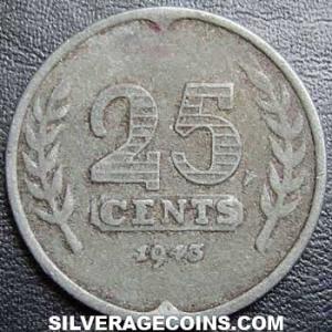 1943 Wilhelmina I Dutch 25 Cents (Reverse)