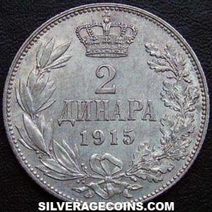 1915 (a) w/ name coin Peter I Serbian Silver 2 Dinara (Reverse)