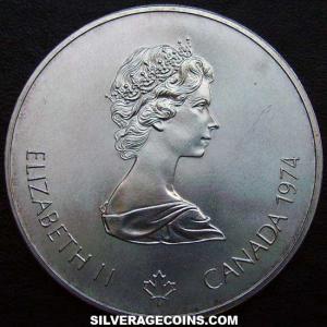 1974 Elizabeth II Canadian Silver 5 Dollars (Olympic Rings) (Obverse)