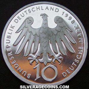 1998 J Proof German Federal Republic Silver 10 Marks (Hildegard von Bingen) (Obverse)