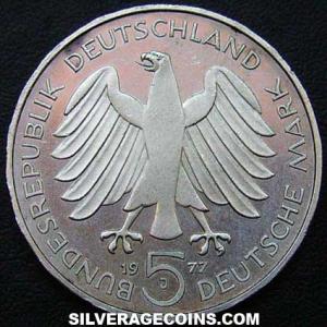 1977 J German Federal Republic Silver 5 Marks (Gauss) (Obverse)