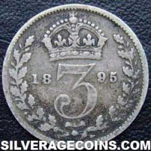 1895 Victoria British Silver "Widow Head" Threepence (Reverse)